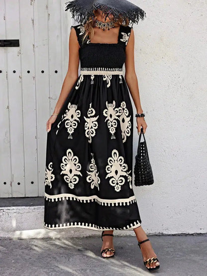 Vestido Midi Con Busto Fruncido Y Falda Evasé Para Mujer | Ideal Para Uso Diario Y Vacaciones