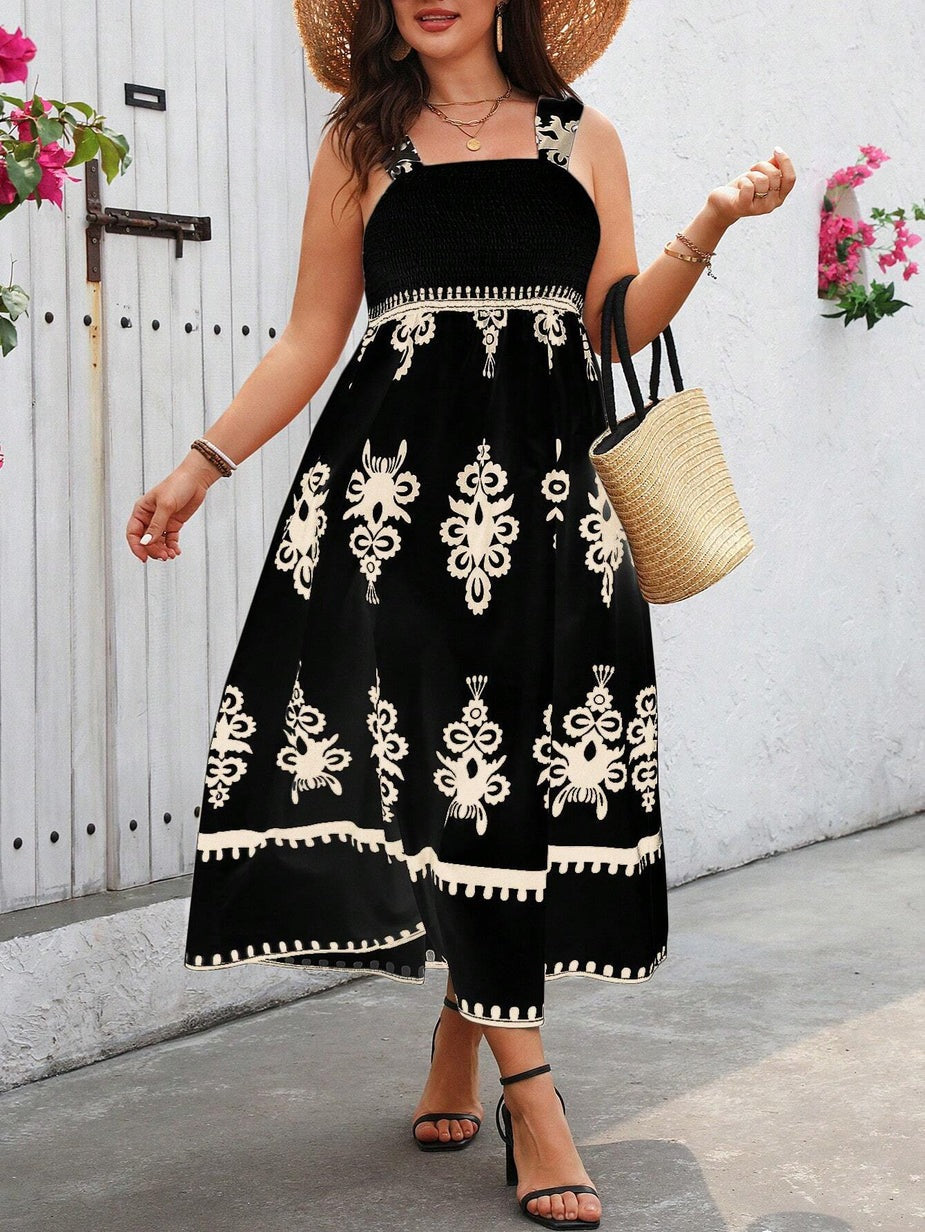 Vestido Midi Con Busto Fruncido Y Falda Evasé Para Mujer | Ideal Para Uso Diario Y Vacaciones