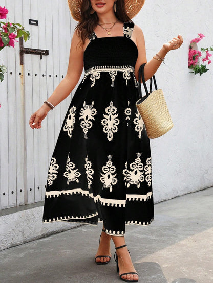 Vestido Midi Con Busto Fruncido Y Falda Evasé Para Mujer | Ideal Para Uso Diario Y Vacaciones
