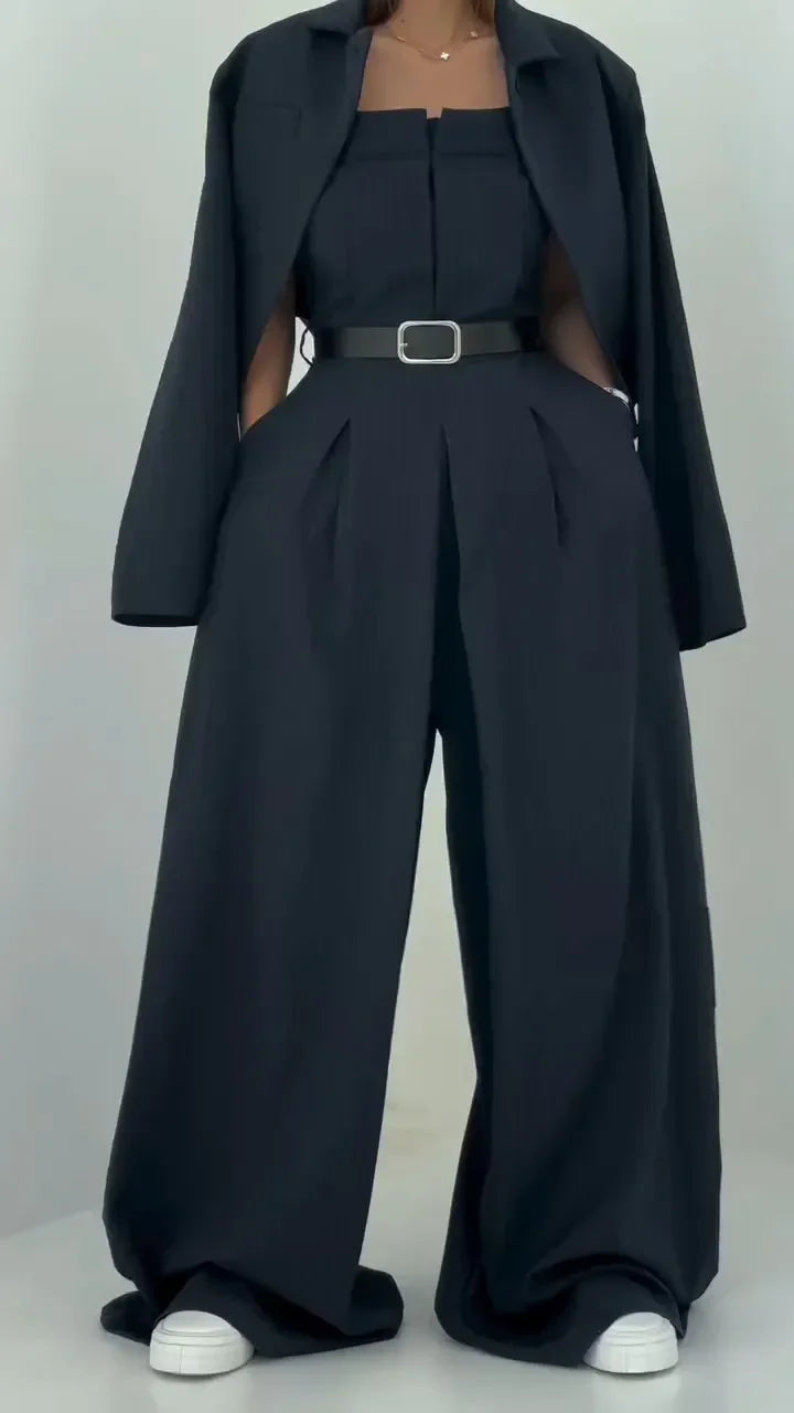 Conjunto de Dos Piezas con Blazer Corto y Pantalón de Pierna Ancha de Cintura Alta para Mujer | Ideal para Oficina o Uso Diario