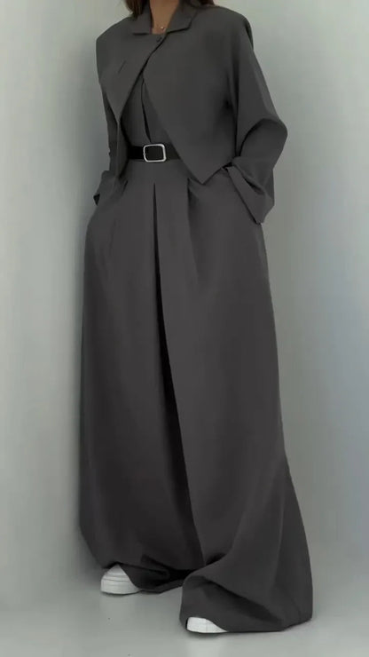 Conjunto de Dos Piezas con Blazer Corto y Pantalón de Pierna Ancha de Cintura Alta para Mujer | Ideal para Oficina o Uso Diario