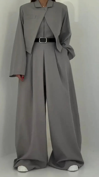 Conjunto de Dos Piezas con Blazer Corto y Pantalón de Pierna Ancha de Cintura Alta para Mujer | Ideal para Oficina o Uso Diario