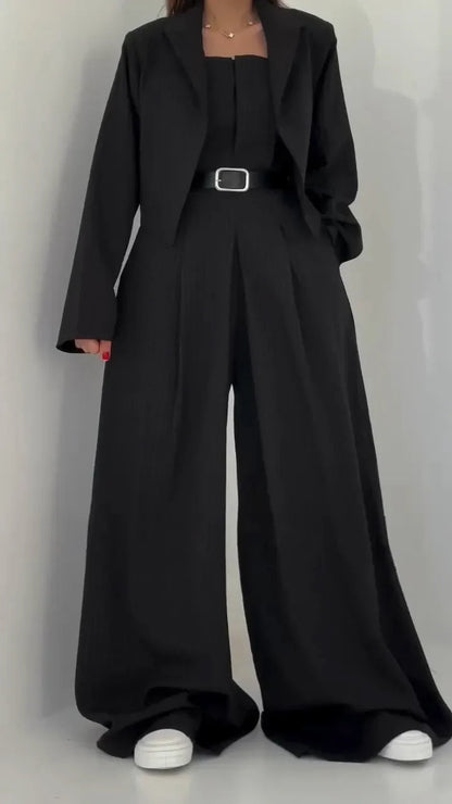 Conjunto de Dos Piezas con Blazer Corto y Pantalón de Pierna Ancha de Cintura Alta para Mujer | Ideal para Oficina o Uso Diario