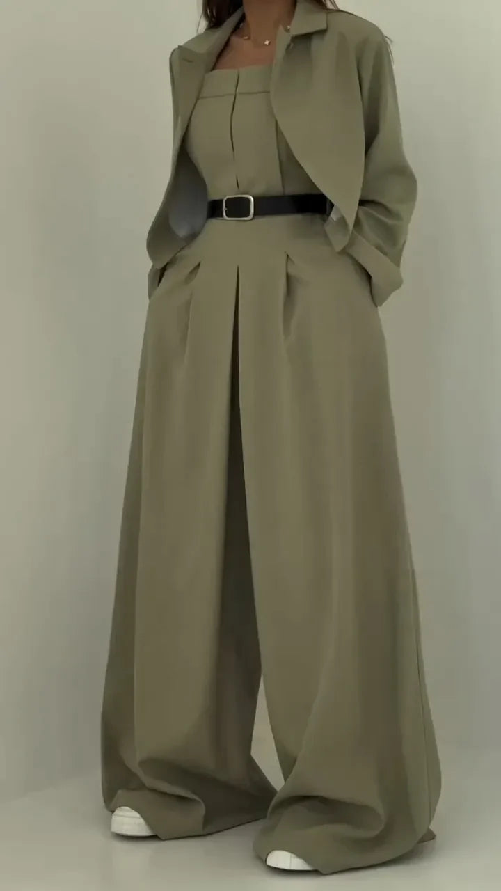 Conjunto de Dos Piezas con Blazer Corto y Pantalón de Pierna Ancha de Cintura Alta para Mujer | Ideal para Oficina o Uso Diario