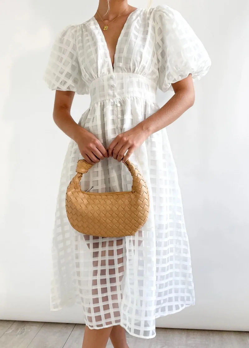 Vestido Midi con Estampado de Cuadros Calados para Mujer | Ideal para Eventos Formales y Ocasiones de Verano