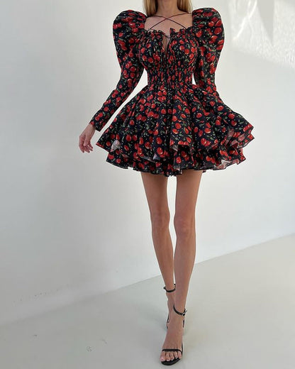 Vestido Corto con Busto Fruncido y Estampado de Cerezas para Mujer | Ideal para Uso Diario