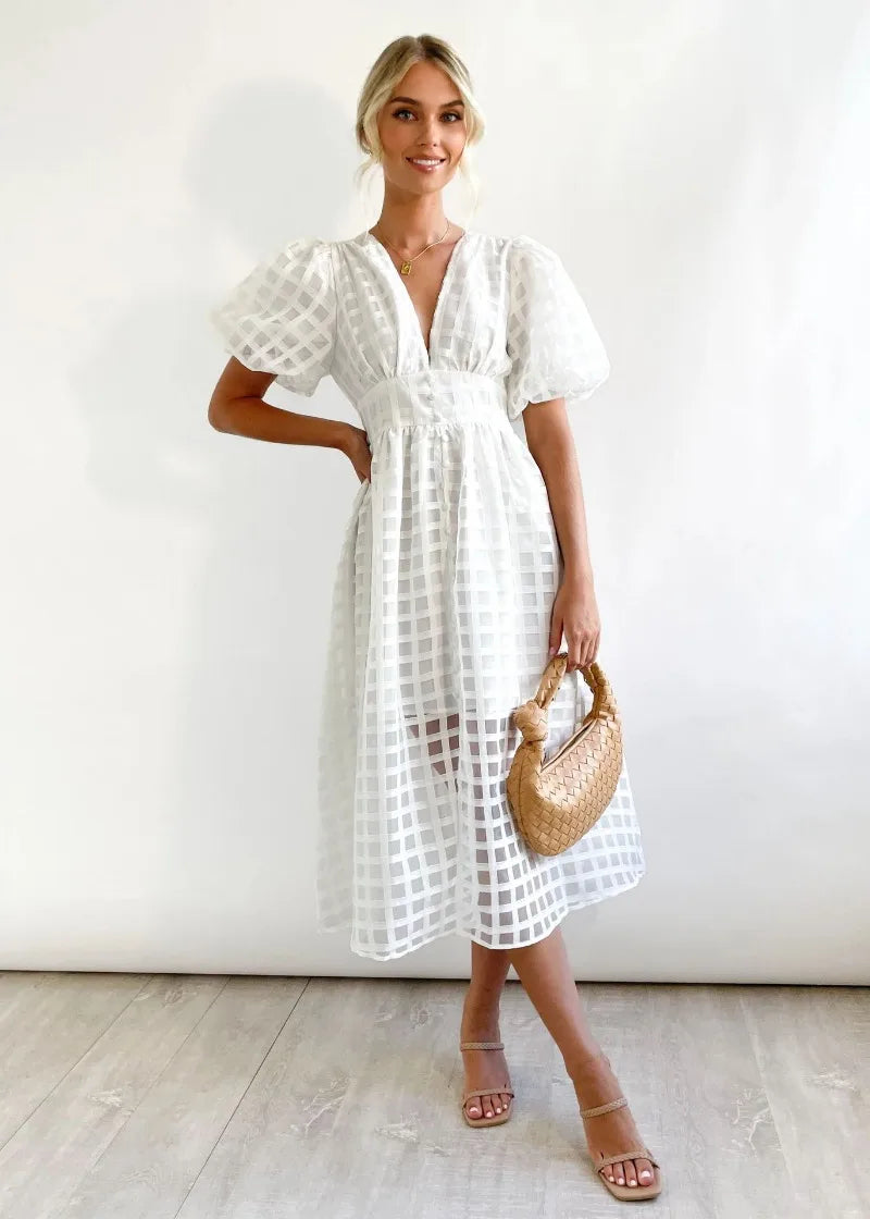 Vestido Midi con Estampado de Cuadros Calados para Mujer | Ideal para Eventos Formales y Ocasiones de Verano