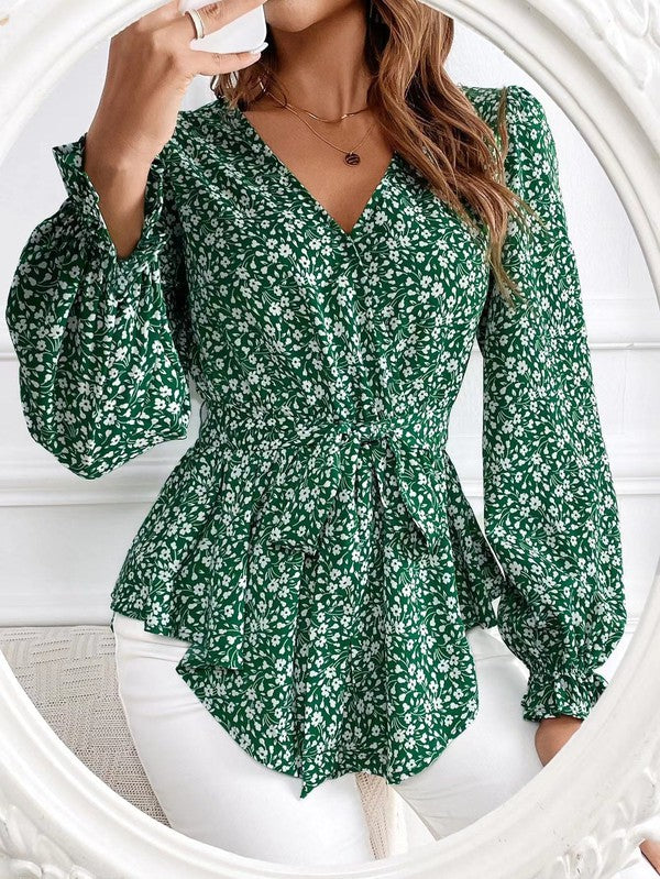 Blusa de Manga Larga con Estampado Floral y Cuello en V para Mujer | Ideal para Uso Diario