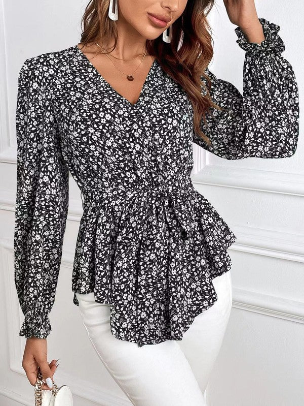 Blusa de Manga Larga con Estampado Floral y Cuello en V para Mujer | Ideal para Uso Diario