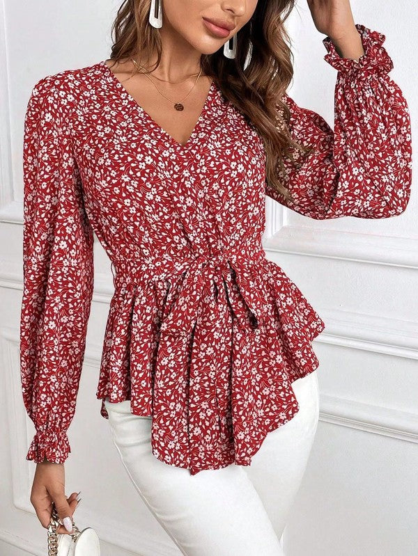 Blusa de Manga Larga con Estampado Floral y Cuello en V para Mujer | Ideal para Uso Diario