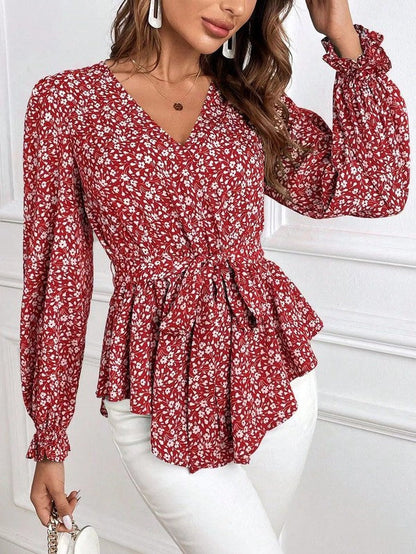 Blusa de Manga Larga con Estampado Floral y Cuello en V para Mujer | Ideal para Uso Diario
