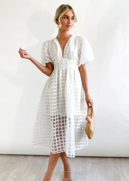 Vestido Midi con Estampado de Cuadros Calados para Mujer | Ideal para Eventos Formales y Ocasiones de Verano