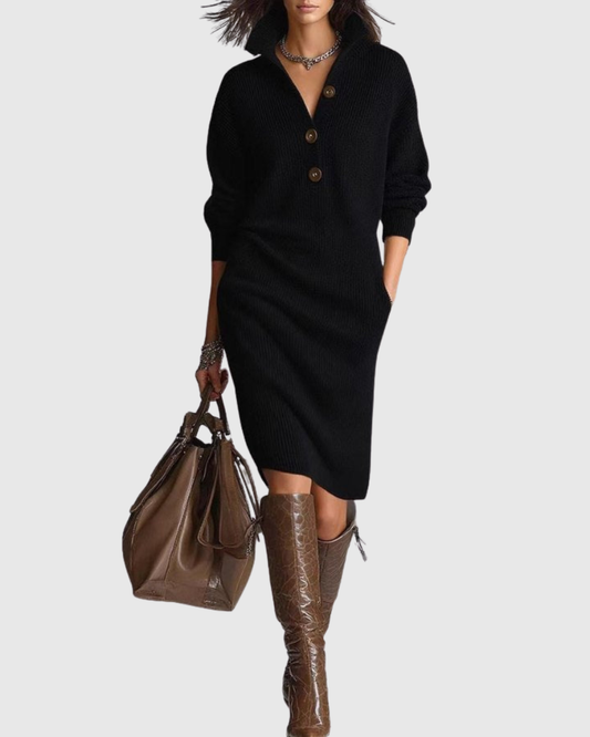 Vestido Midi Con Cuello Abotonado Y Mangas Largas Para Mujer | Ideal Para Días Fríos Y Uso Diario