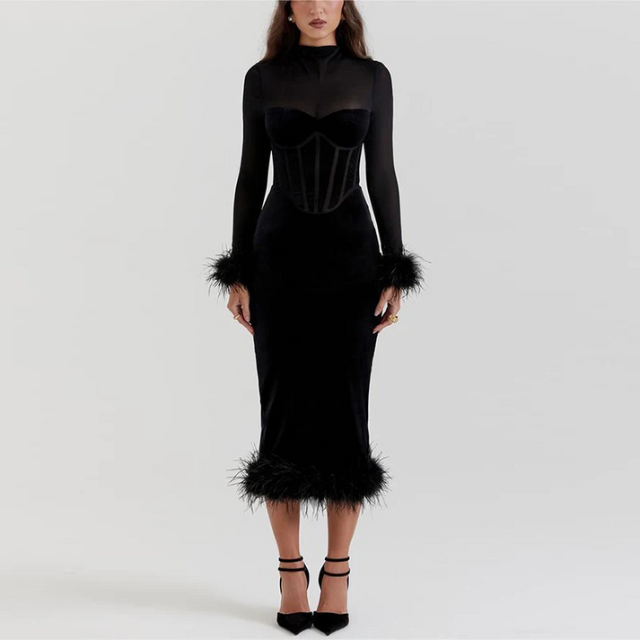 Vestido Midi con Detalles de Plumas Para Mujer | Ideal Para Eventos y Salidas Planificadas