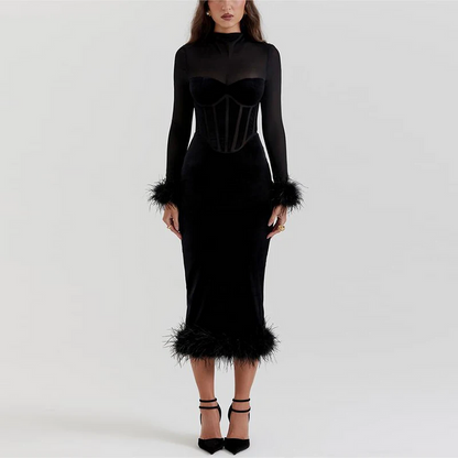 Vestido Midi con Detalles de Plumas Para Mujer | Ideal Para Eventos y Salidas Planificadas