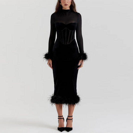 Vestido Midi con Detalles de Plumas Para Mujer | Ideal Para Eventos y Salidas Planificadas
