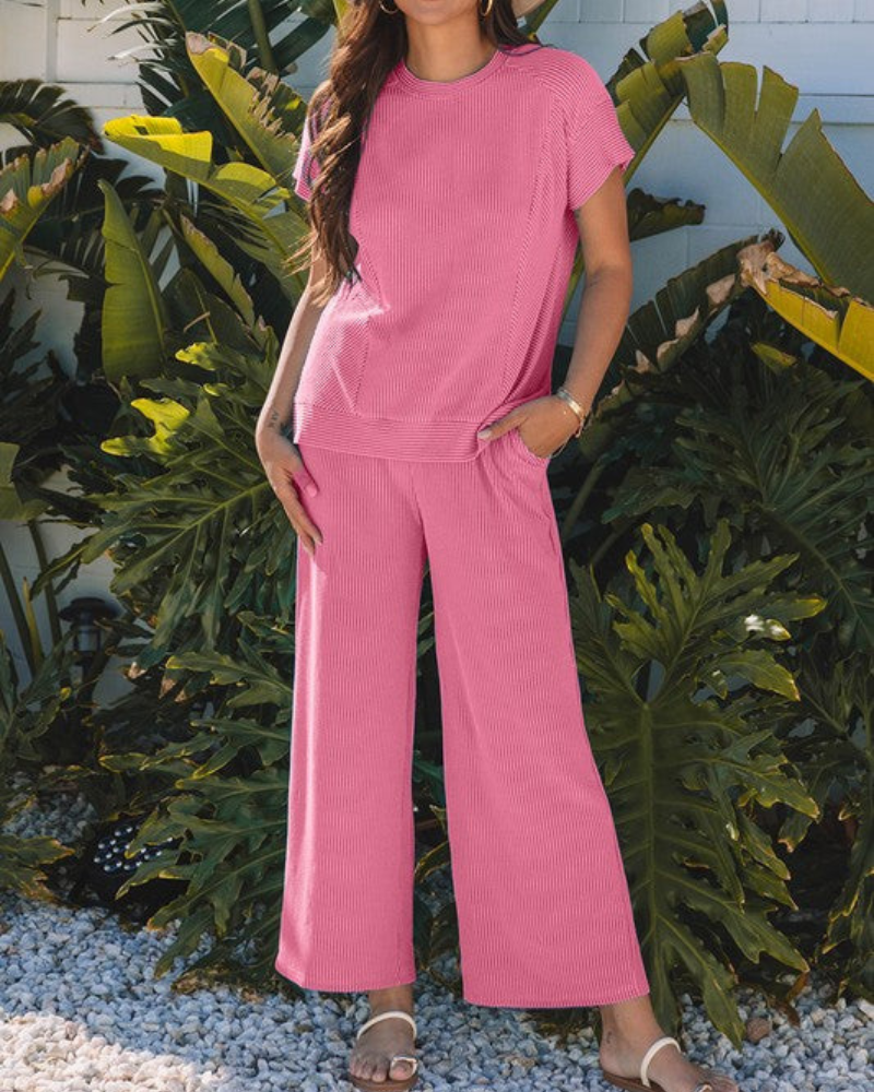 Conjunto De Dos Piezas Con Camiseta De Manga Corta Y Pantalón Ancho Para Mujer | Ideal Para Uso Diario