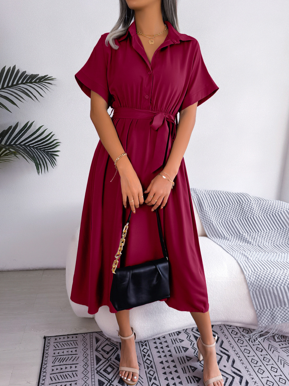 Vestido Camisero Midi con Cuello Clásico y Cinturón para Mujer | Ideal para Uso Diario