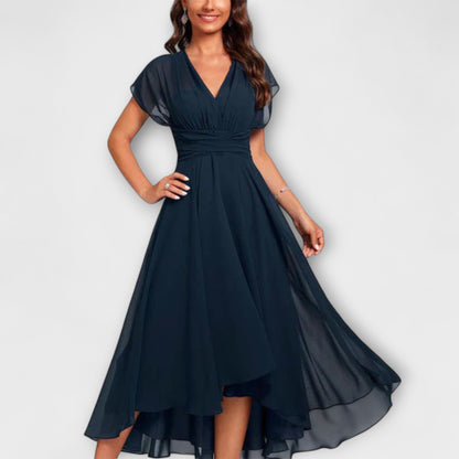 Vestido Con Cuello En V, Mangas Amplias Y Dobladillo Superpuesto Para Mujer | Ideal Para Uso Diario