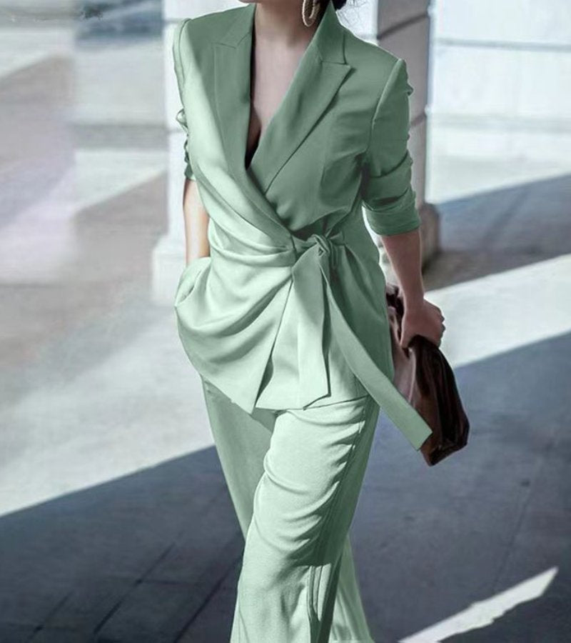 Conjunto de Dos Piezas con Blazer Cruzado y Pantalón Recto para Mujer | Ideal para Oficina u Ocasiones Formales