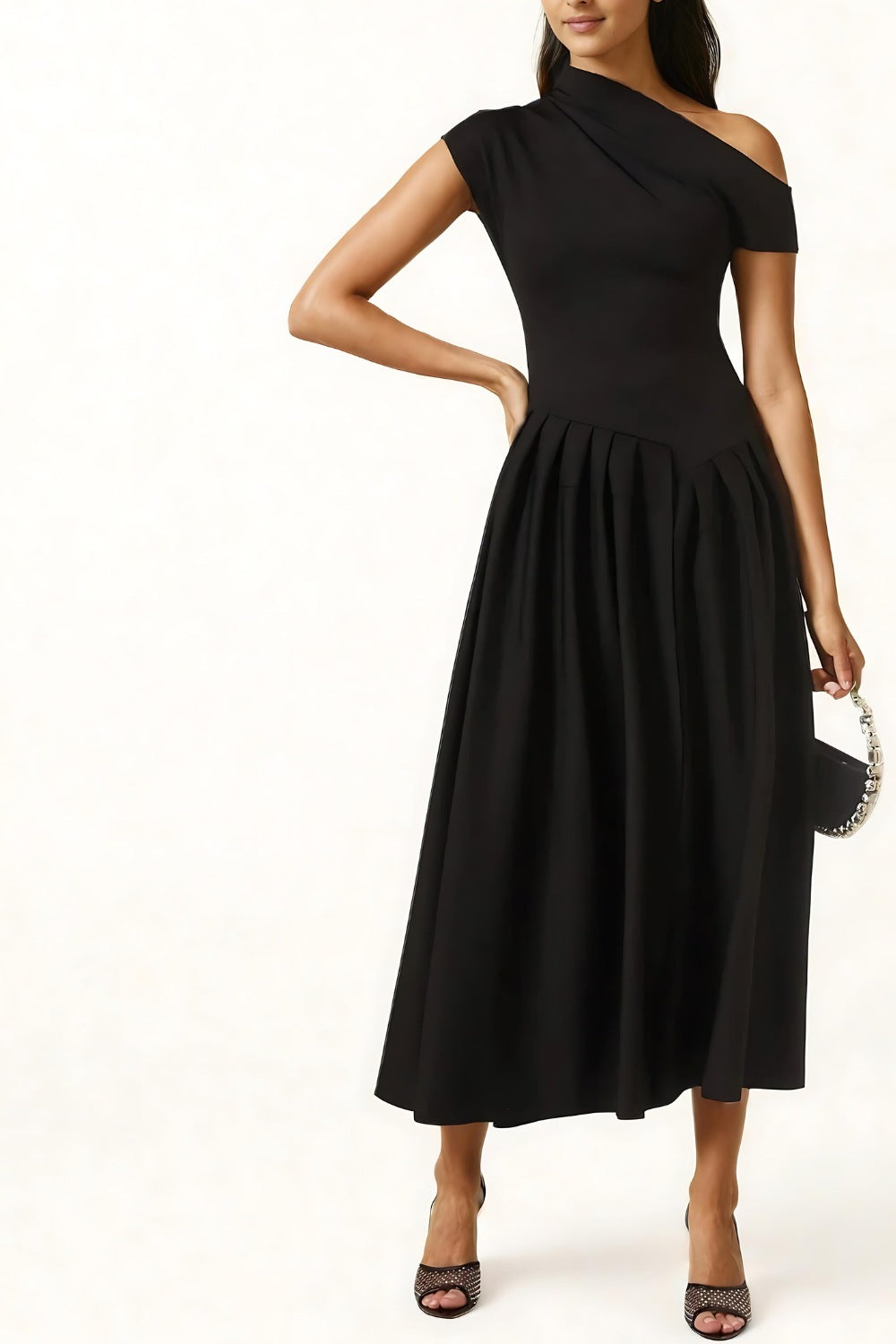 Vestido Midi Con Falda Plisada Y Escote Asimétrico Para Mujer | Ideal Para Eventos Formales