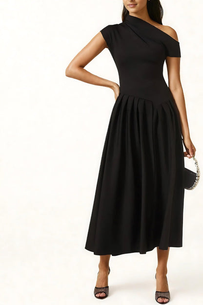 Vestido Midi Con Falda Plisada Y Escote Asimétrico Para Mujer | Ideal Para Eventos Formales