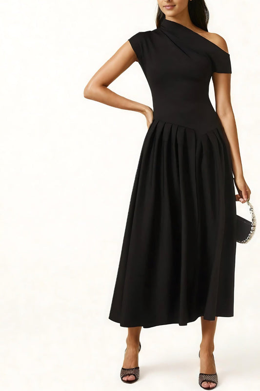 Vestido Midi Con Falda Plisada Y Escote Asimétrico Para Mujer | Ideal Para Eventos Formales