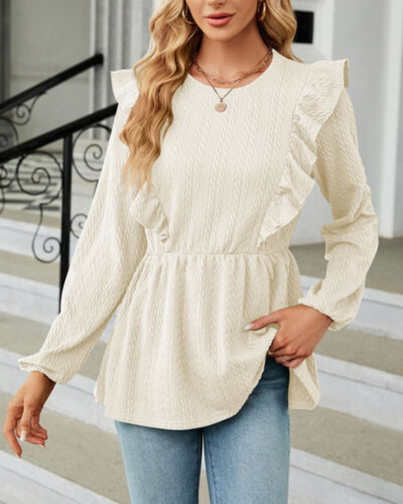 Blusa de Mujer con Cuello Redondo Volanteado y Mangas Largas | Ideal para Uso Diario y Profesional