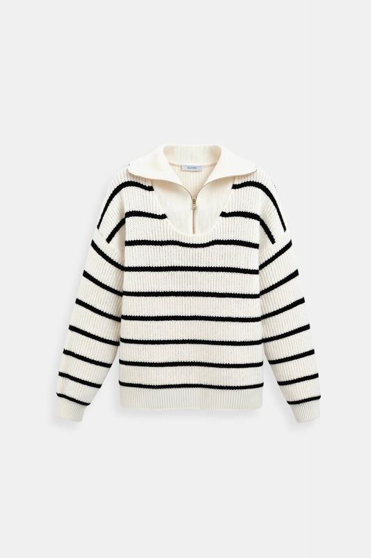 Jersey De Punto Con Rayas Y Cuello Con Cremallera Para Mujer | Ideal Para Uso Diario Y Entretiempo