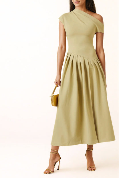 Vestido Midi Con Falda Plisada Y Escote Asimétrico Para Mujer | Ideal Para Eventos Formales
