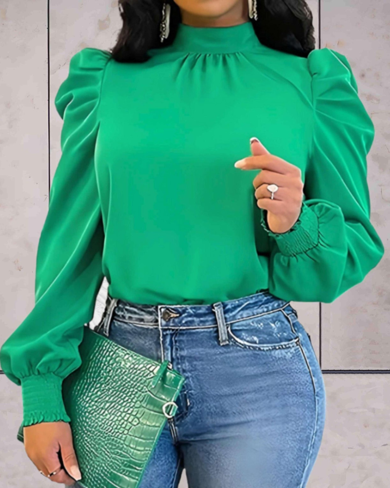Blusa de Mujer con Cuello Alto y Mangas Largas Abullonadas | Ideal para Uso Diario y Profesional