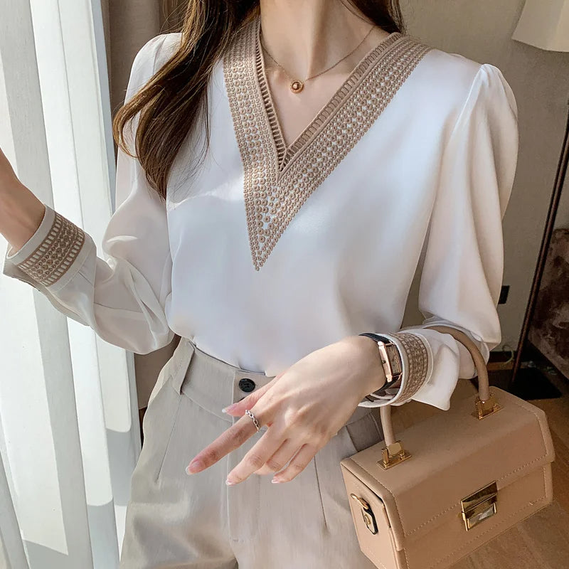 Blusa Con Cuello En V Y Manga Larga Para Mujer | Ideal Para Uso Profesional Y Diario