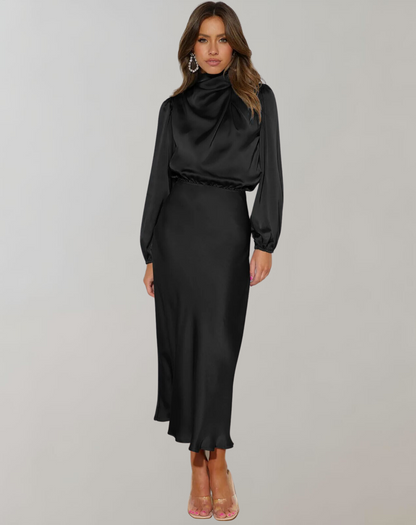 Vestido de Manga Larga con Corte Adaptado y Cuello Clásico para Mujer | Ideal para Ocasiones Formales y Semi-Formales