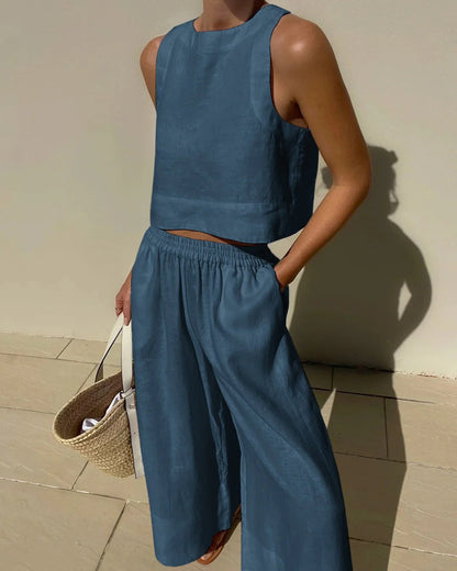 Conjunto Dos Piezas con Top Sin Mangas y Pantalón Amplio para Mujer | Ideal para Días de Verano