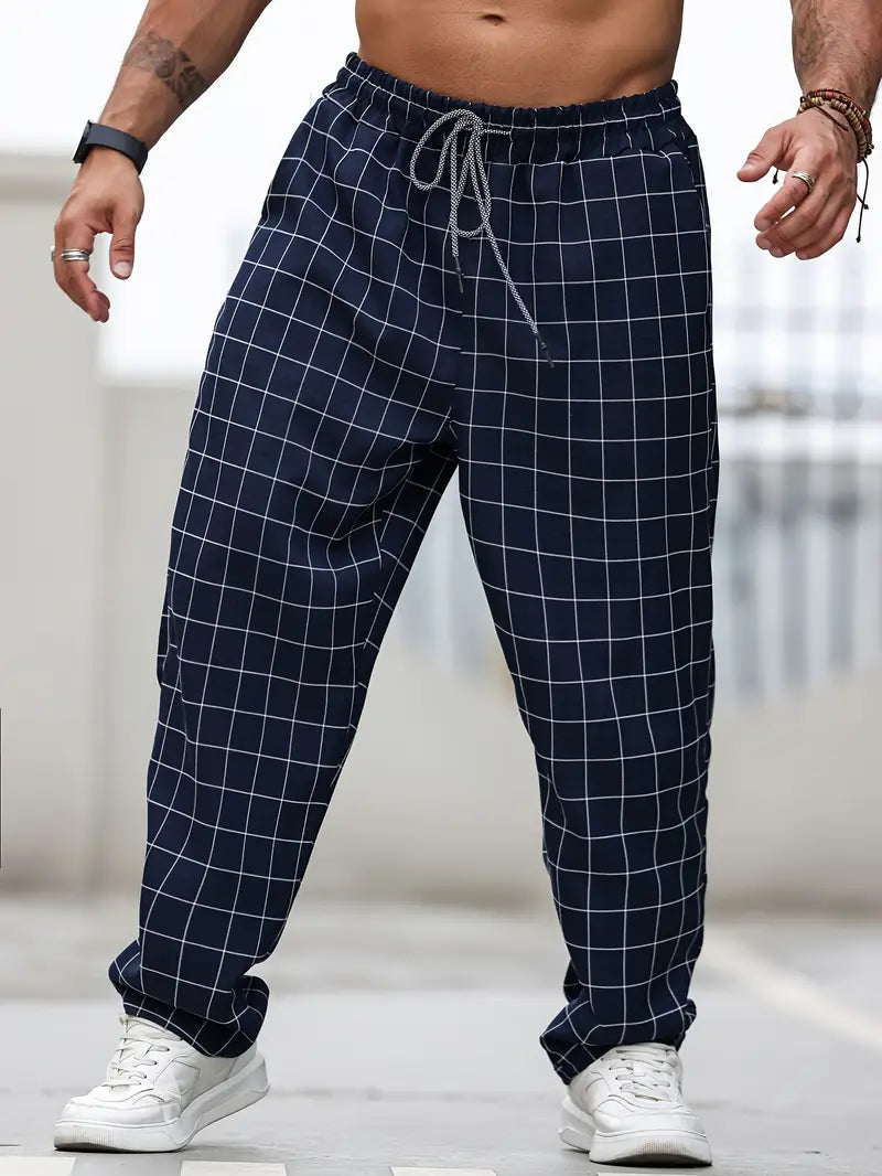 Pantalón de Corte Recto con Motivo Cuadriculado y Cintura Elástica para Hombre | Ideal para Uso Diario