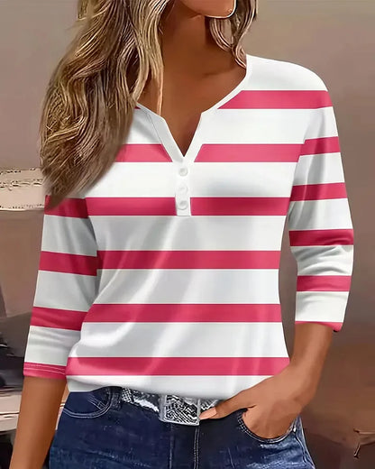 Blusa A Rayas Con Cuello En V Y Mangas Largas Para Mujer | Ideal Para Oficina Y Uso Diario