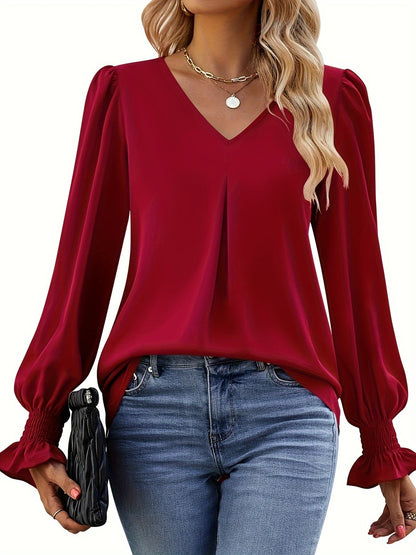 Blusa Con Escote En V Y Mangas Abullonadas Para Mujer | Ideal Para Uso Diario Y Ocasiones Semi-Formales