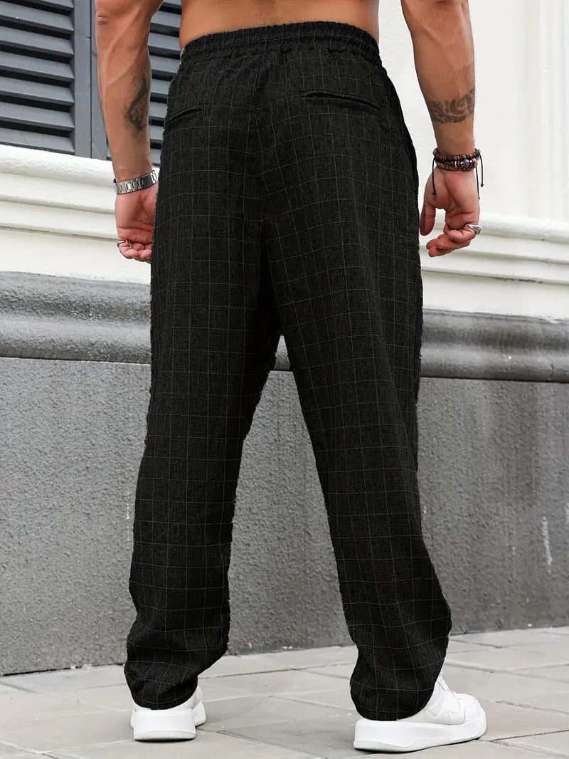 Pantalón de Corte Recto con Motivo Cuadriculado y Cintura Elástica para Hombre | Ideal para Uso Diario