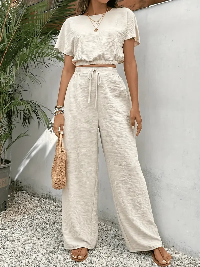 Conjunto Dos Piezas con Top de Manga Corta y Pantalón de Cintura Ajustable para Mujer | Ideal para Días de Verano