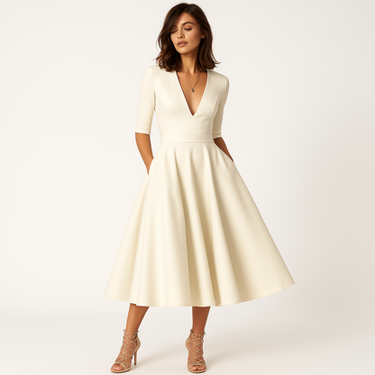 Vestido Midi con Escote en V y Cintura Entallada para Mujer | Ideal para Eventos