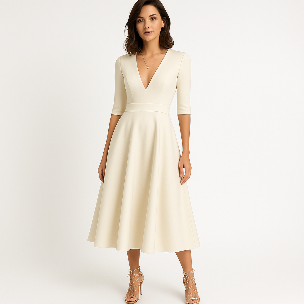 Vestido Midi con Escote en V y Cintura Entallada para Mujer | Ideal para Eventos