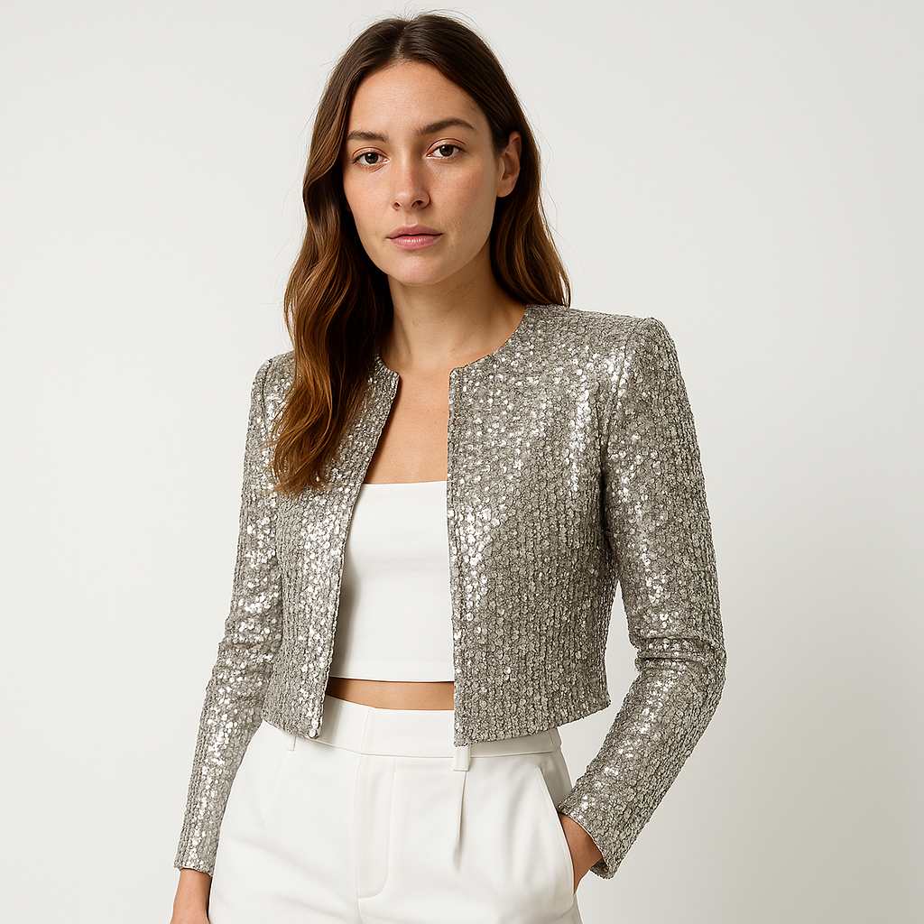 Chaqueta Corta Con Superficie De Sequins Y Corte Ajustado Para Mujer | Ideal Para Eventos De Noche Y Ocasiones Festivas