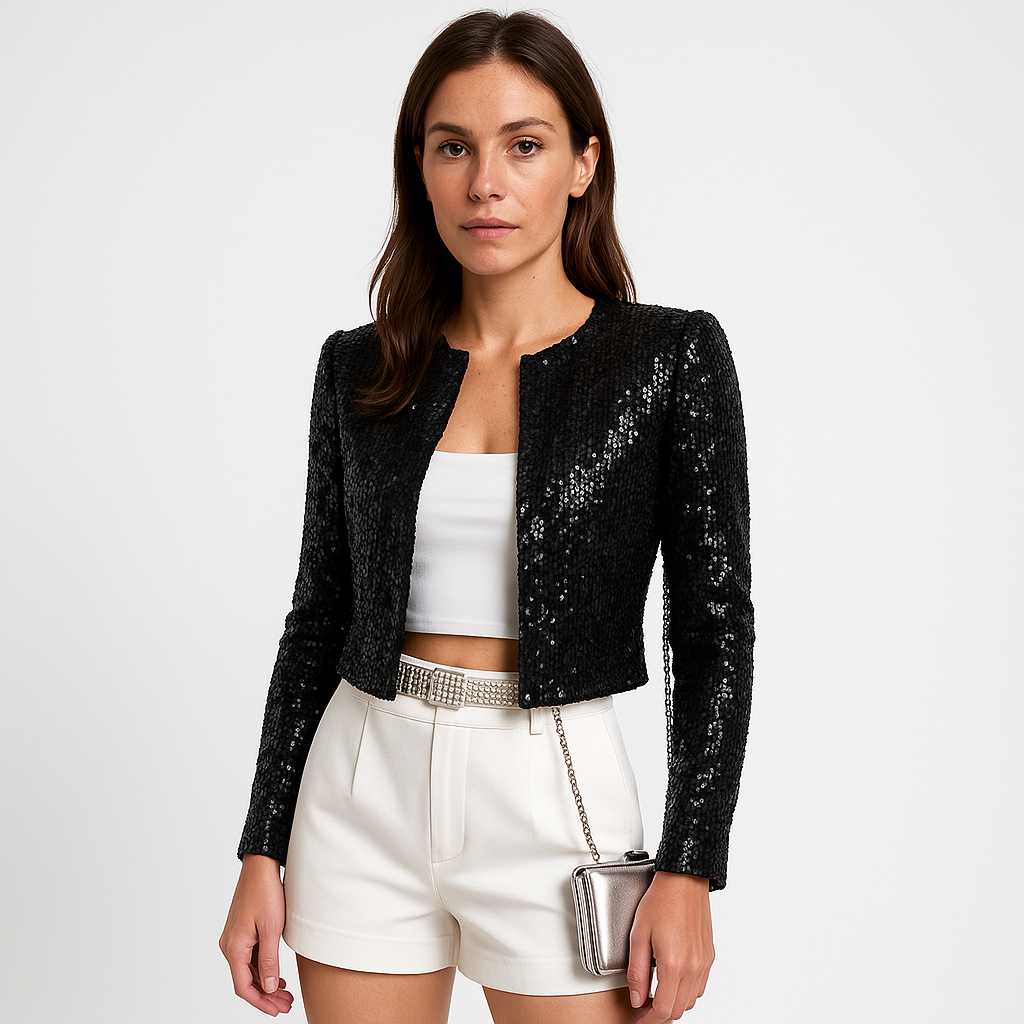 Chaqueta Corta Con Superficie De Sequins Y Corte Ajustado Para Mujer | Ideal Para Eventos De Noche Y Ocasiones Festivas