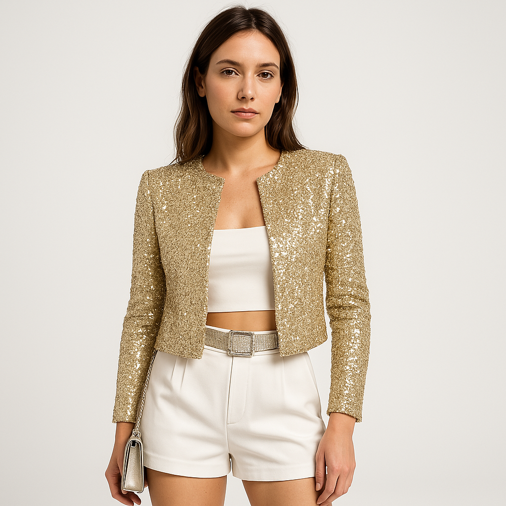 Chaqueta Corta Con Superficie De Sequins Y Corte Ajustado Para Mujer | Ideal Para Eventos De Noche Y Ocasiones Festivas