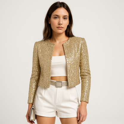 Chaqueta Corta Con Superficie De Sequins Y Corte Ajustado Para Mujer | Ideal Para Eventos De Noche Y Ocasiones Festivas
