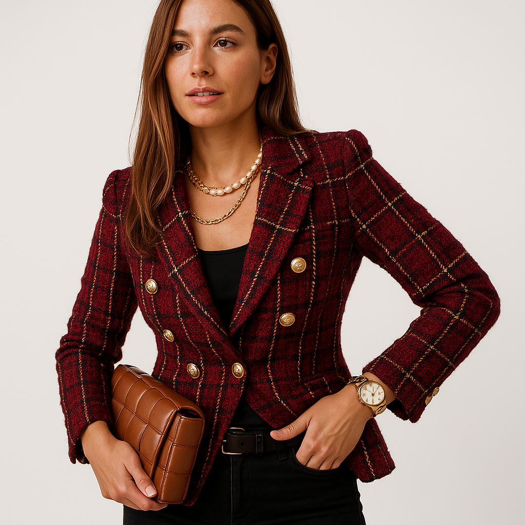 Blazer Entallado Con Doble Botón Y Motivo A Cuadros Para Mujer | Ideal Para Oficina O Uso Diario