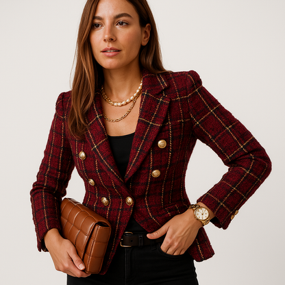 Blazer Entallado Con Doble Botón Y Motivo A Cuadros Para Mujer | Ideal Para Oficina O Uso Diario