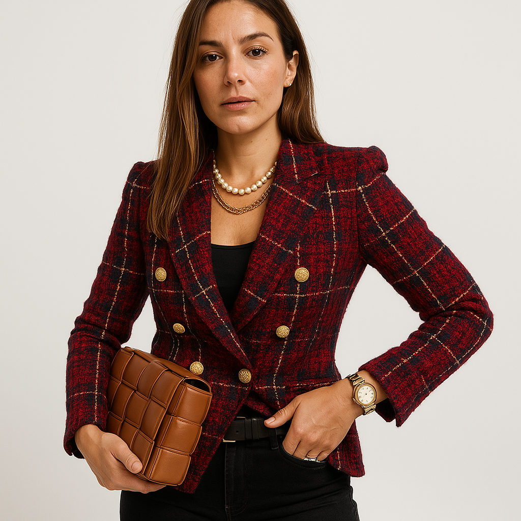 Blazer Entallado Con Doble Botón Y Motivo A Cuadros Para Mujer | Ideal Para Oficina O Uso Diario