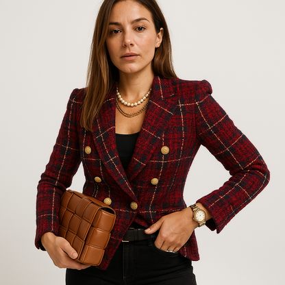 Blazer Entallado Con Doble Botón Y Motivo A Cuadros Para Mujer | Ideal Para Oficina O Uso Diario