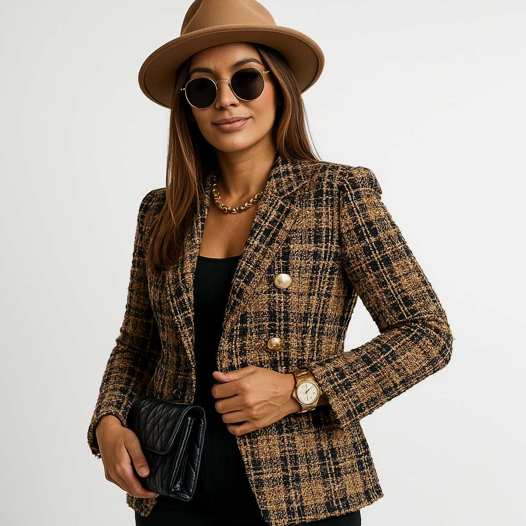 Blazer Entallado Con Doble Botón Y Motivo A Cuadros Para Mujer | Ideal Para Oficina O Uso Diario